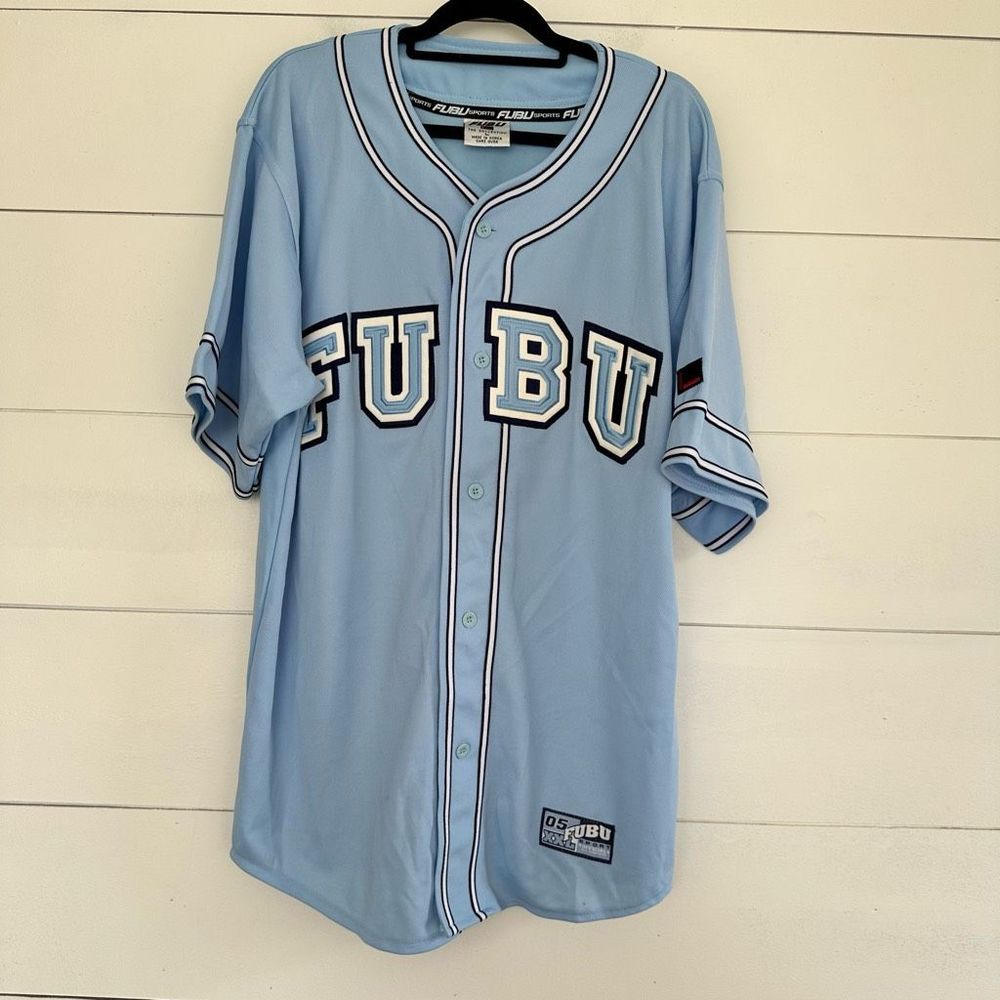 Fubu 05 Men’s Large Blue Y2K 90s Spellout Jersey Top Vintage